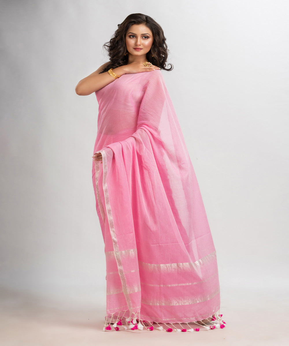 Pink handloom cotton jacquard border with stripes pallu saree