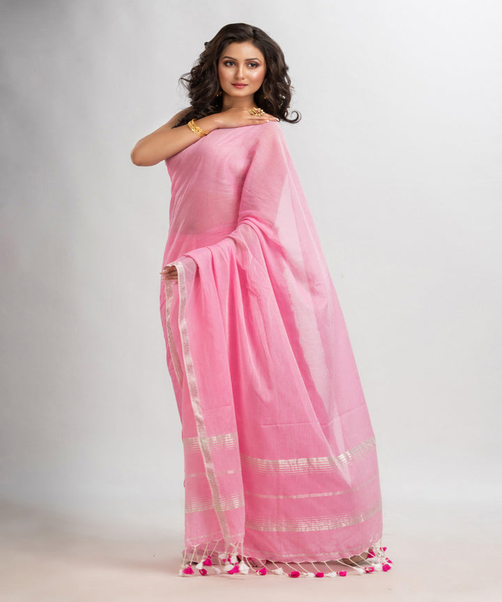 Pink handloom cotton jacquard border with stripes pallu saree