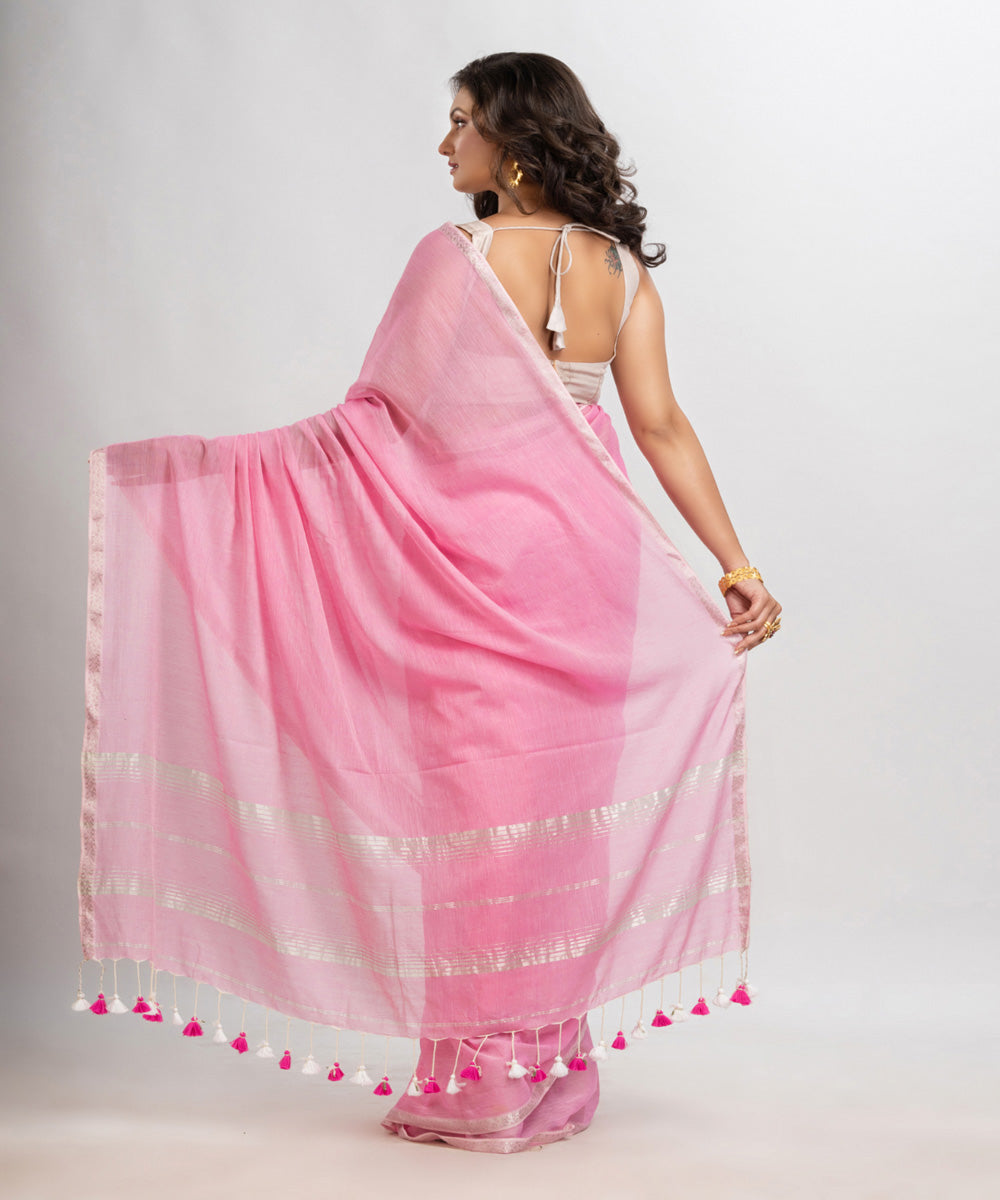 Pink handloom cotton jacquard border with stripes pallu saree