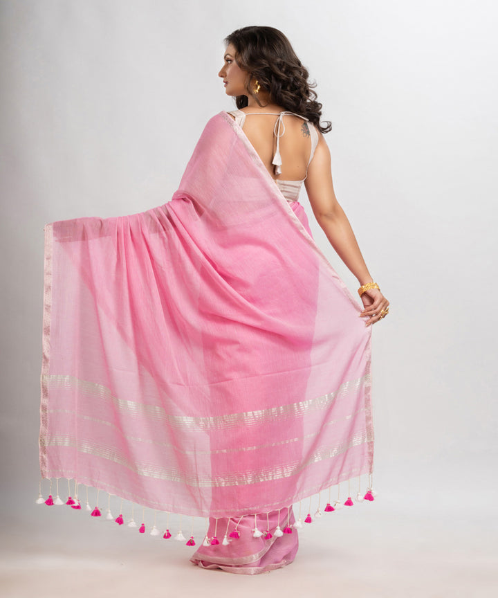 Pink handloom cotton jacquard border with stripes pallu saree