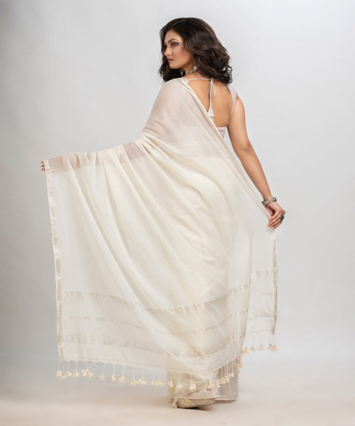 White handloom cotton jacquard border with stripes pallu saree