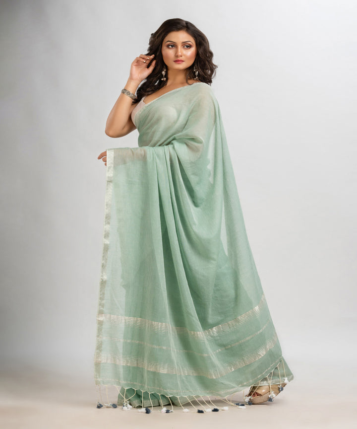 Sage green handloom cotton jacquard border with stripes pallu saree