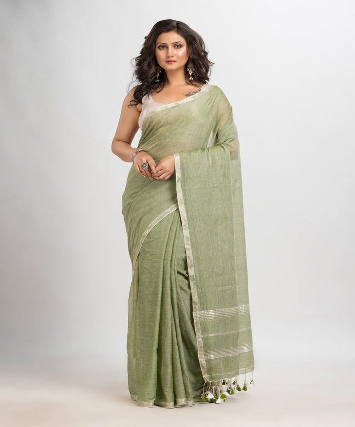 Moss green handloom cotton jacquard border with stripes pallu saree