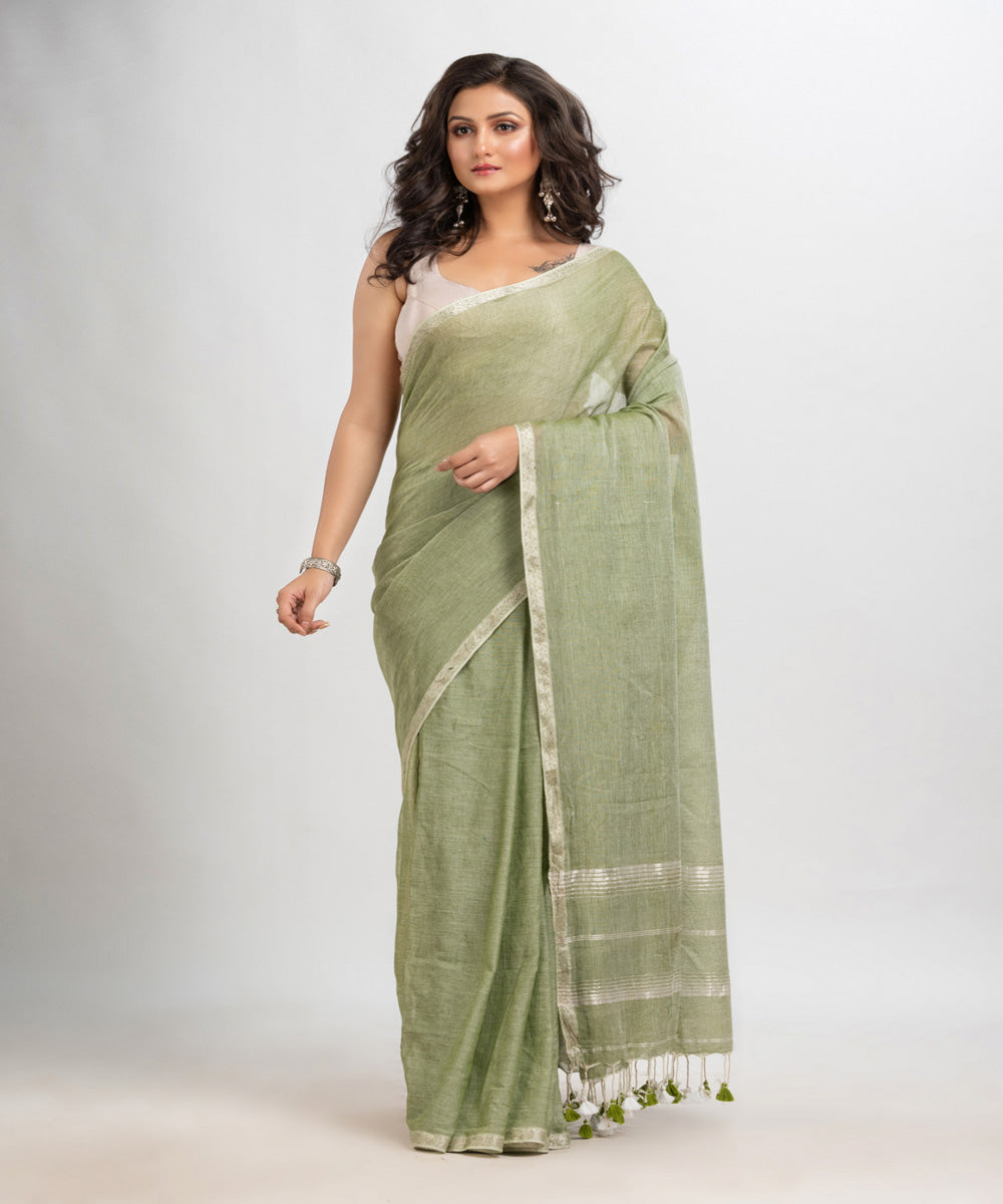 Moss green handloom cotton jacquard border with stripes pallu saree