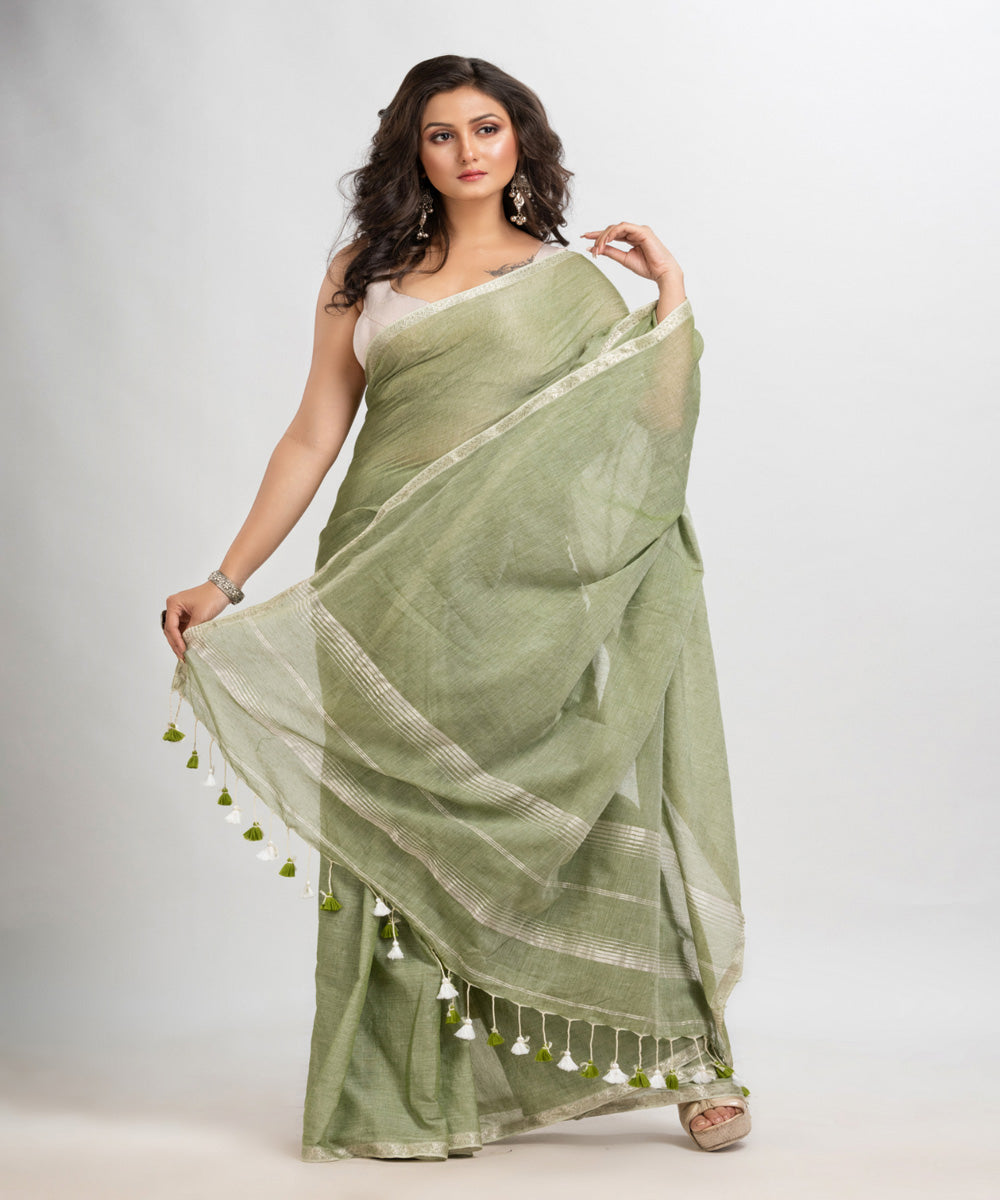 Moss green handloom cotton jacquard border with stripes pallu saree