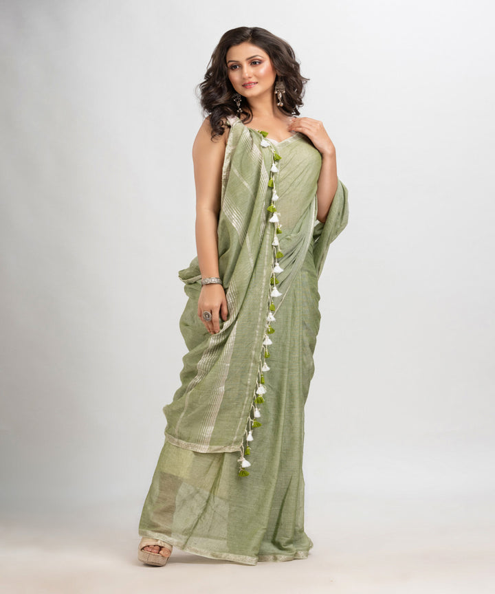 Moss green handloom cotton jacquard border with stripes pallu saree