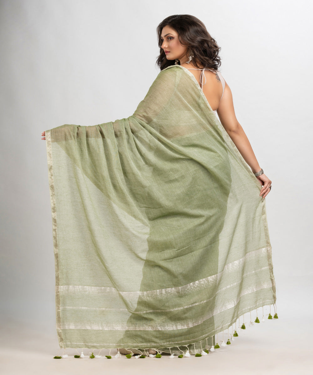 Moss green handloom cotton jacquard border with stripes pallu saree