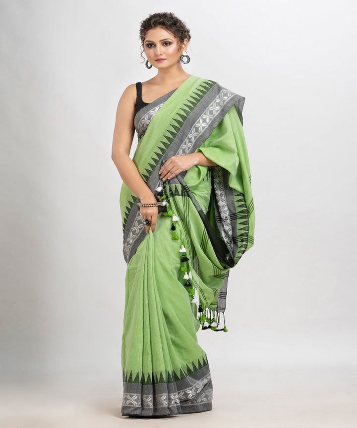 Light green handloom cotton jacquard border with stripes pallu saree
