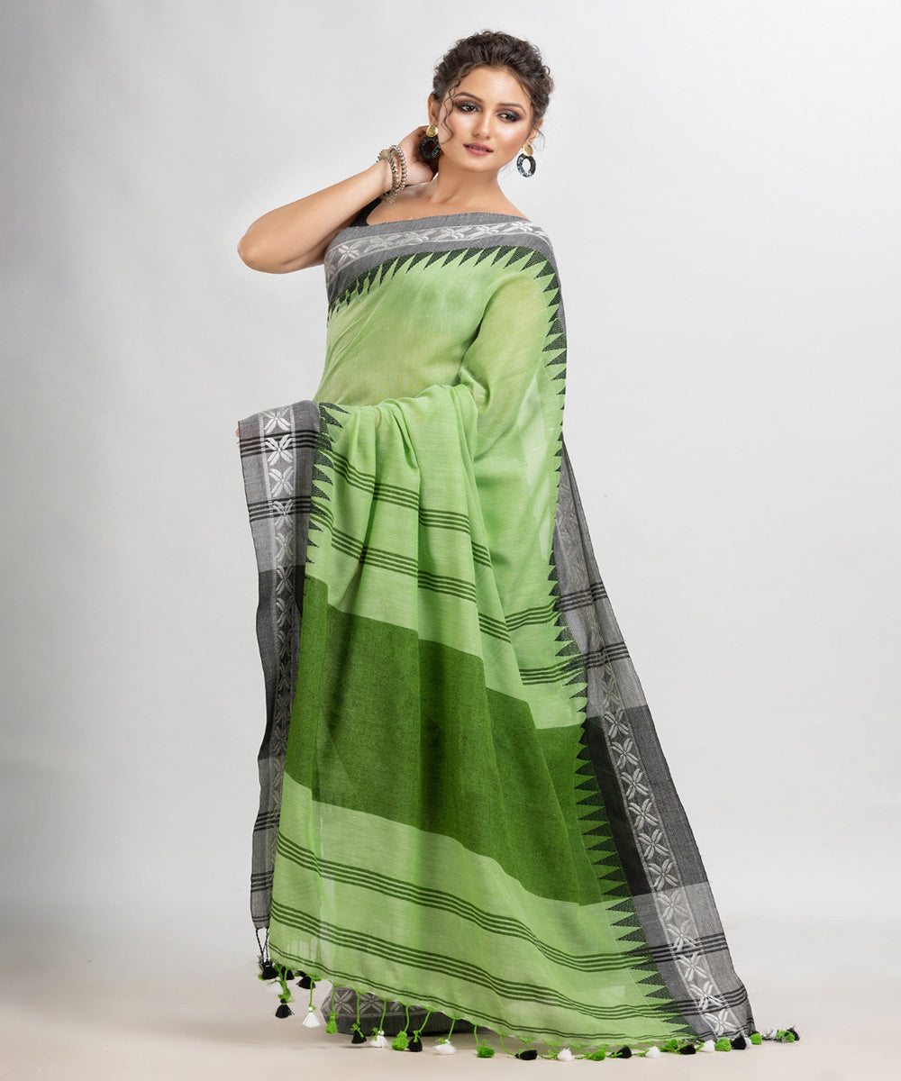Light green handloom cotton jacquard border with stripes pallu saree
