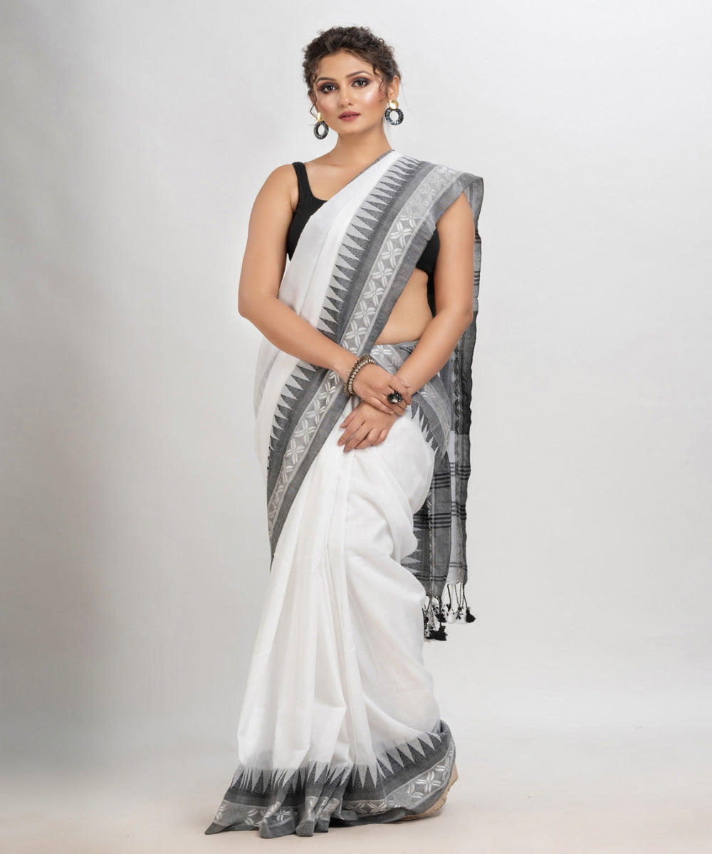 White grey handloom cotton jacquard border with stripes pallu saree