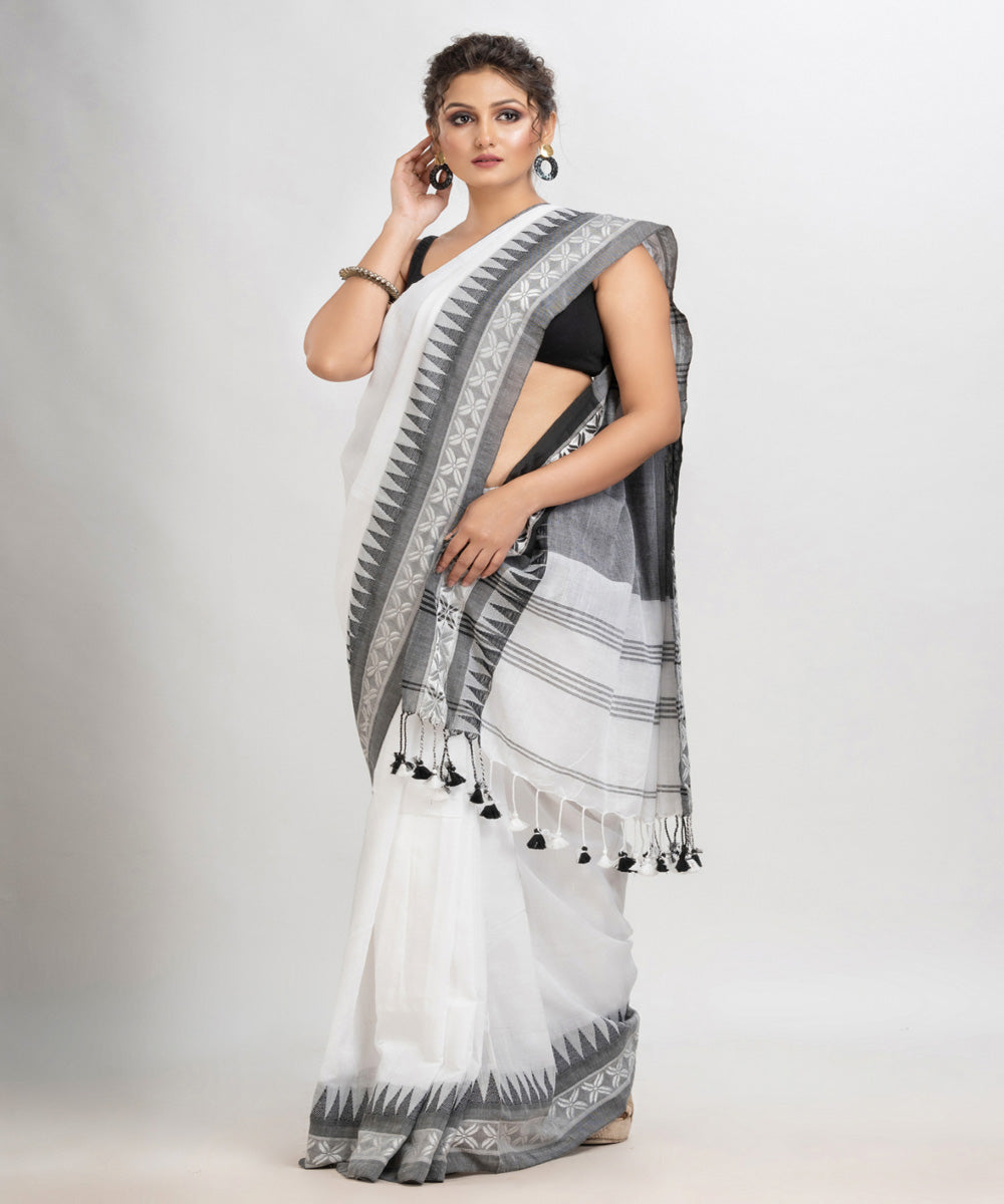 White grey handloom cotton jacquard border with stripes pallu saree