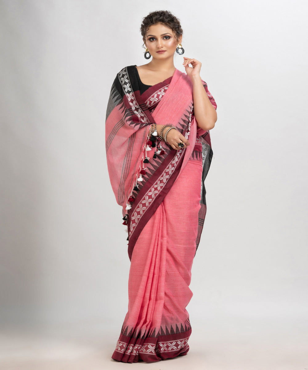 Pink handloom cotton jacquard border stripes pallu saree