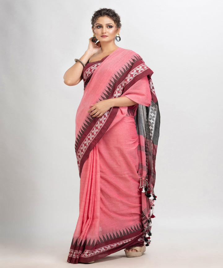 Pink handloom cotton jacquard border stripes pallu saree
