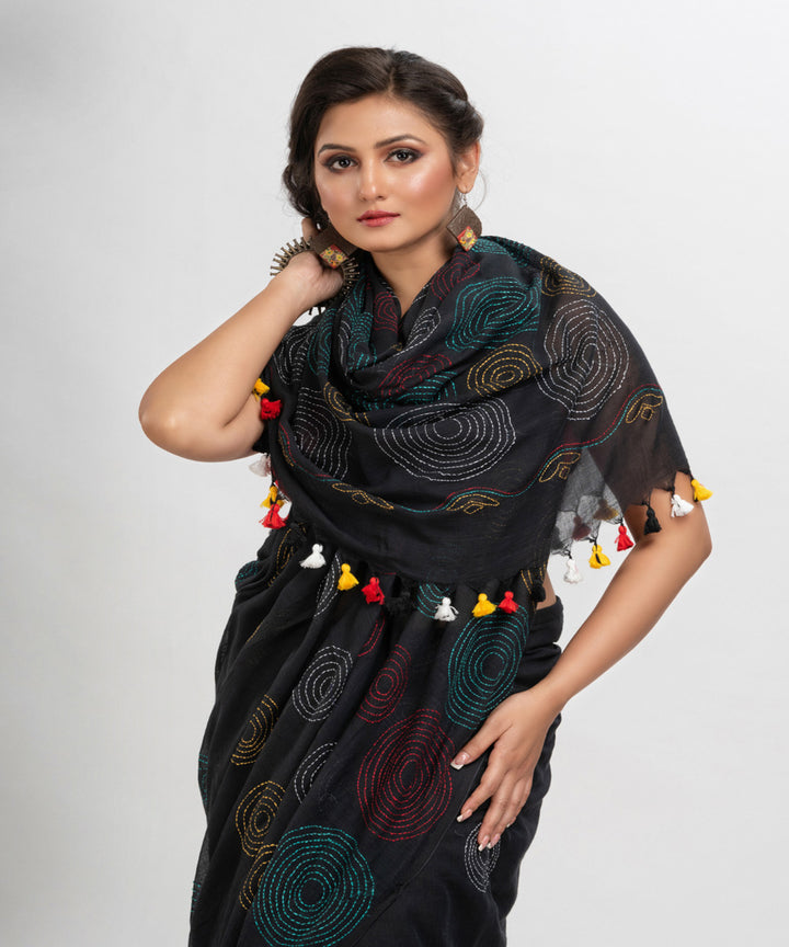 Black handwoven cotton embroidery bengal saree