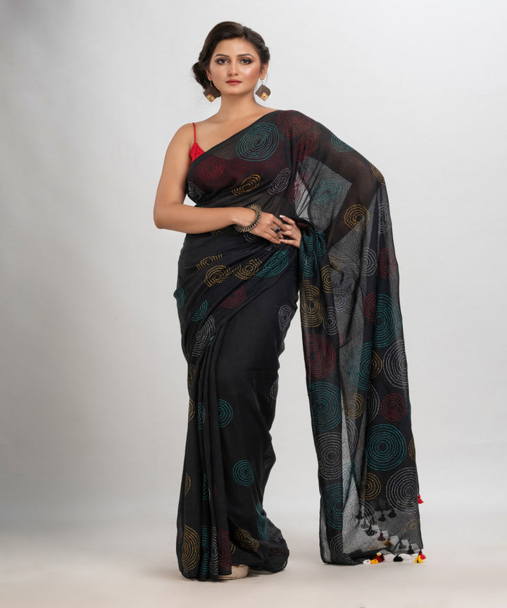 Black handwoven cotton embroidery bengal saree