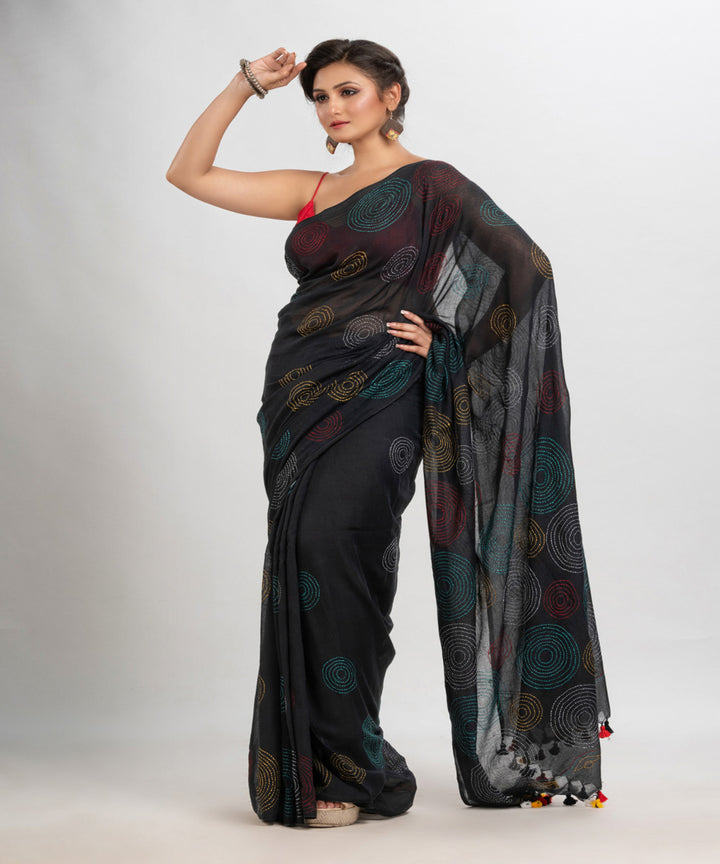 Black handwoven cotton embroidery bengal saree