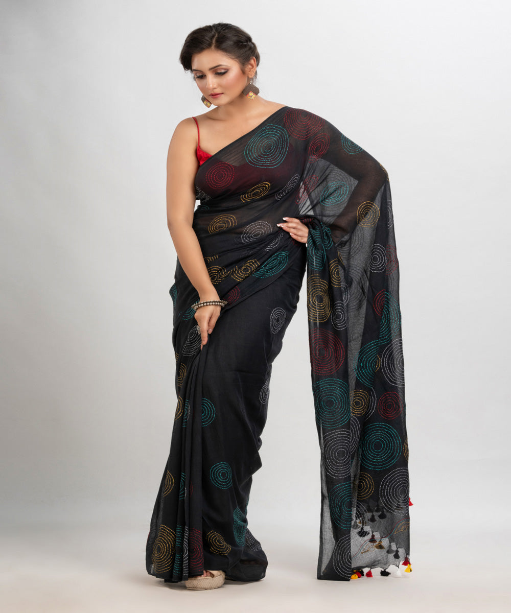 Black handwoven cotton embroidery bengal saree