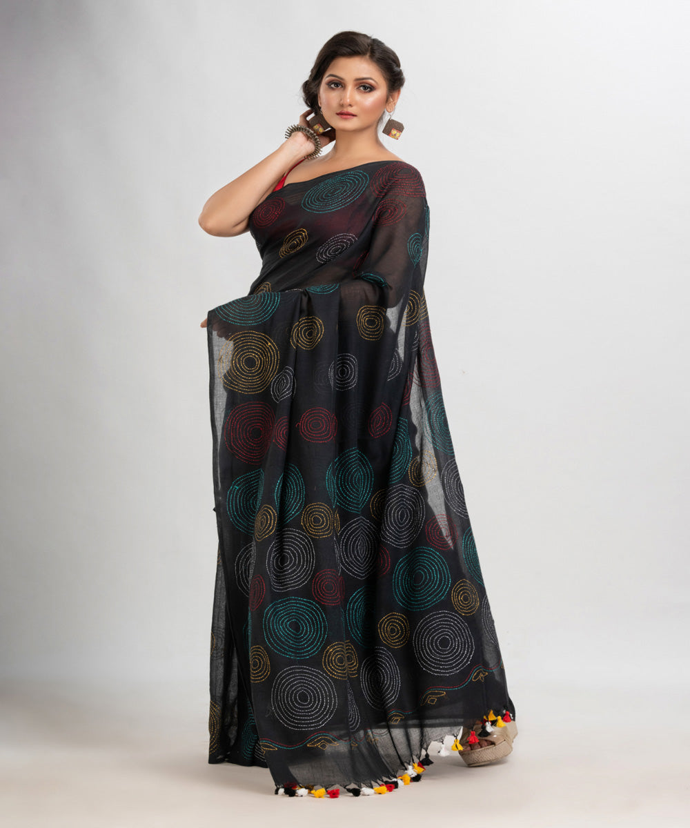 Black handwoven cotton embroidery bengal saree