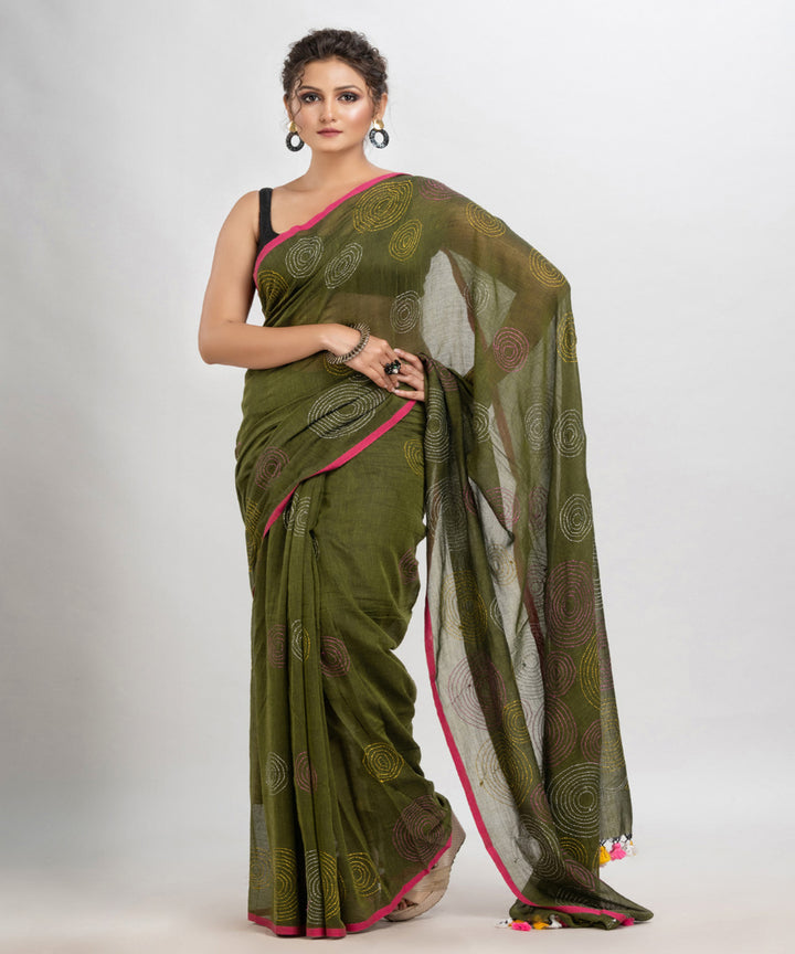 Olive green handwoven cotton embroidery bengal saree