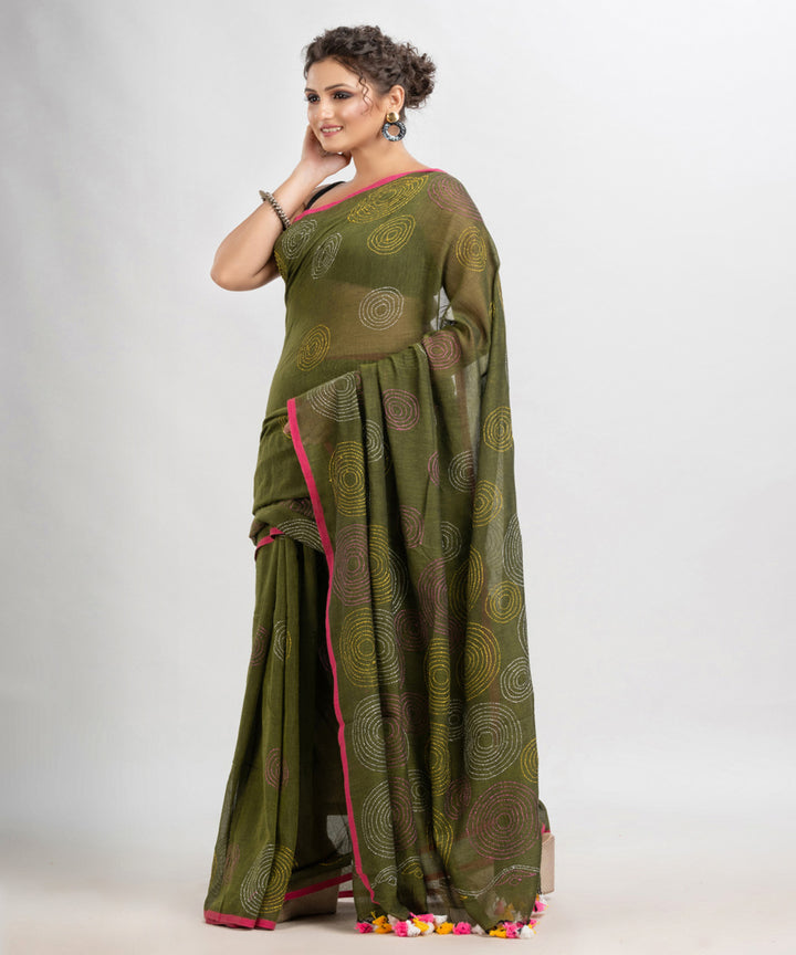 Olive green handwoven cotton embroidery bengal saree