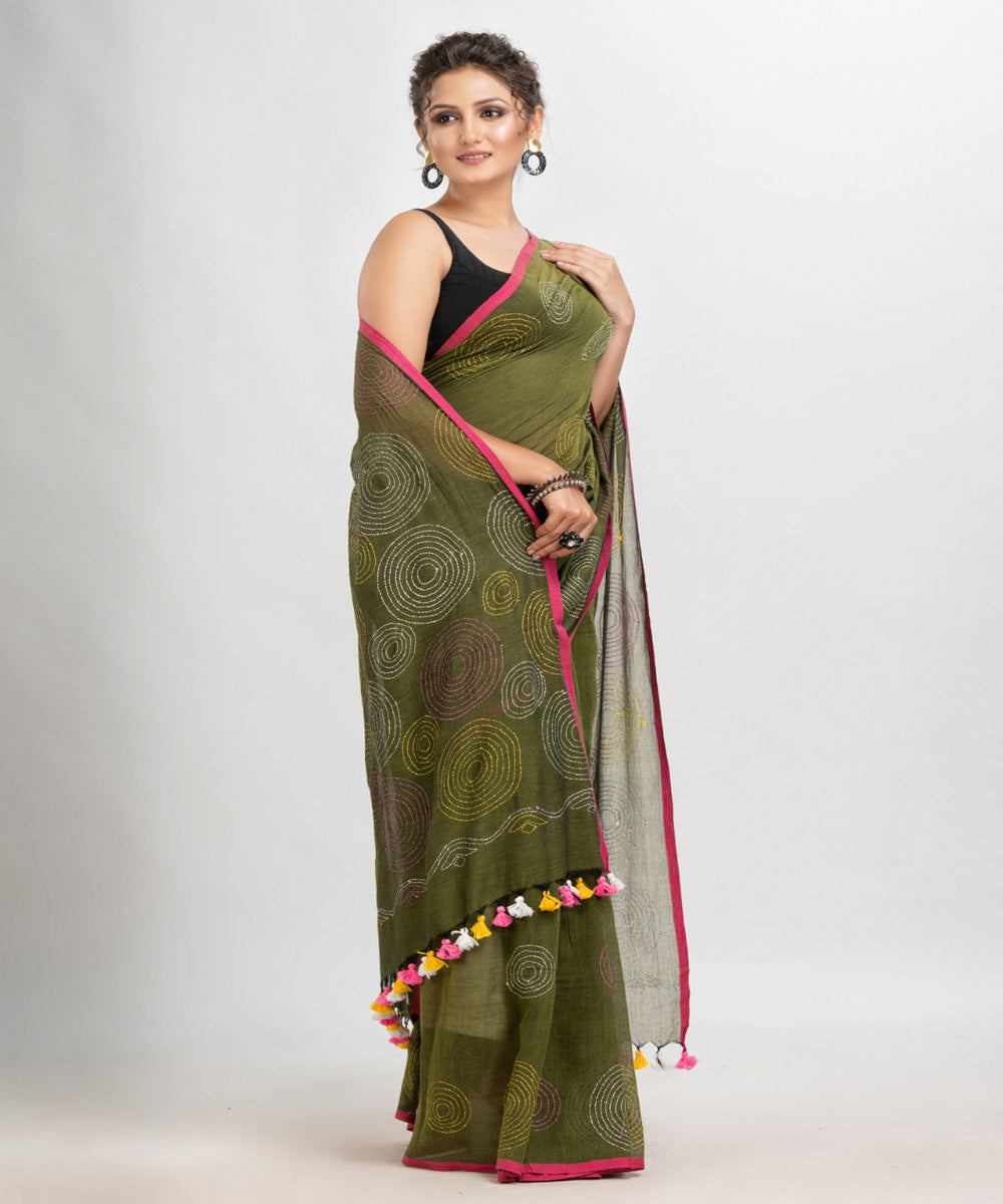 Olive green handwoven cotton embroidery bengal saree