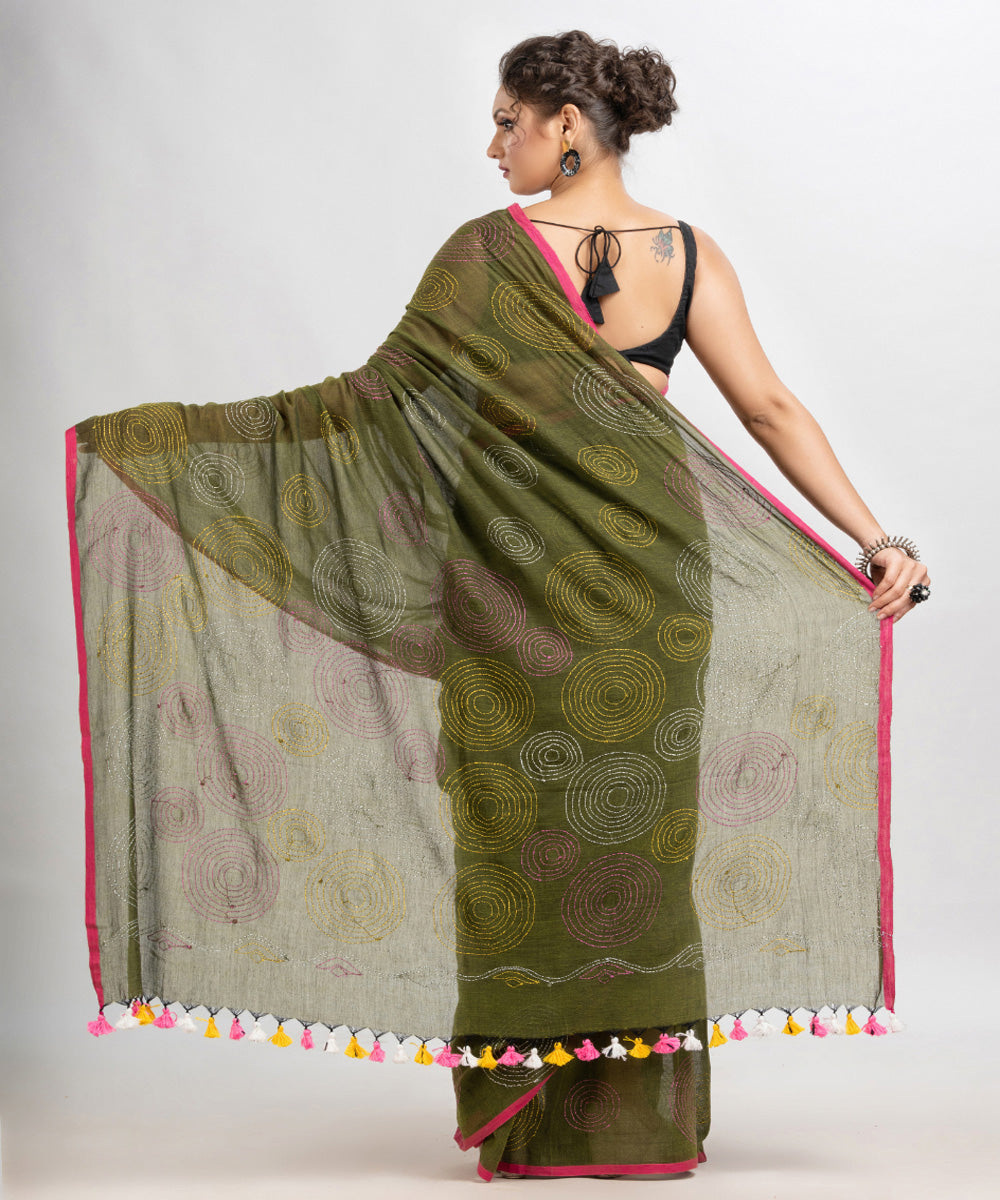 Olive green handwoven cotton embroidery bengal saree