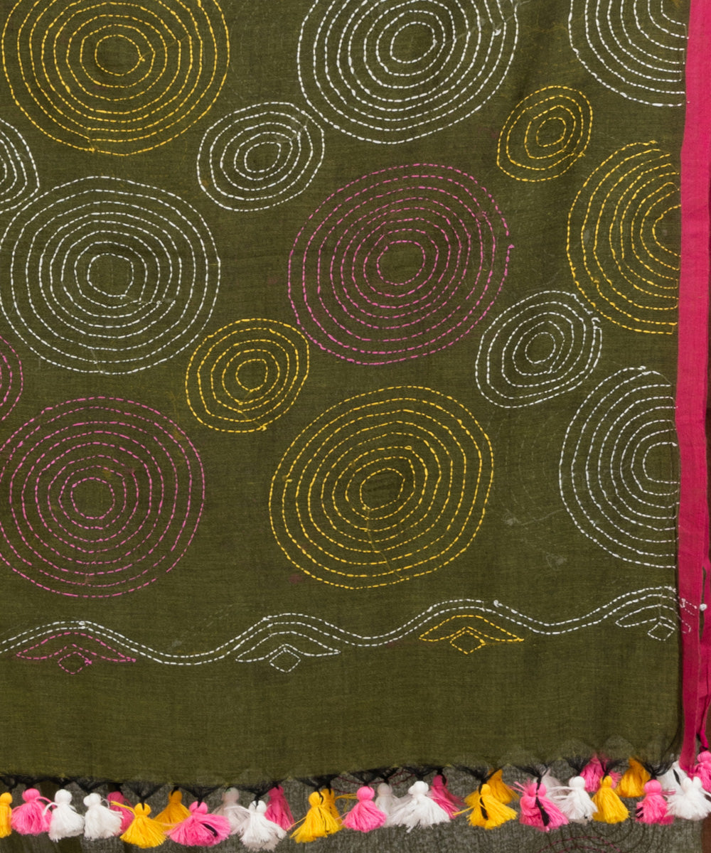 Olive green handwoven cotton embroidery bengal saree