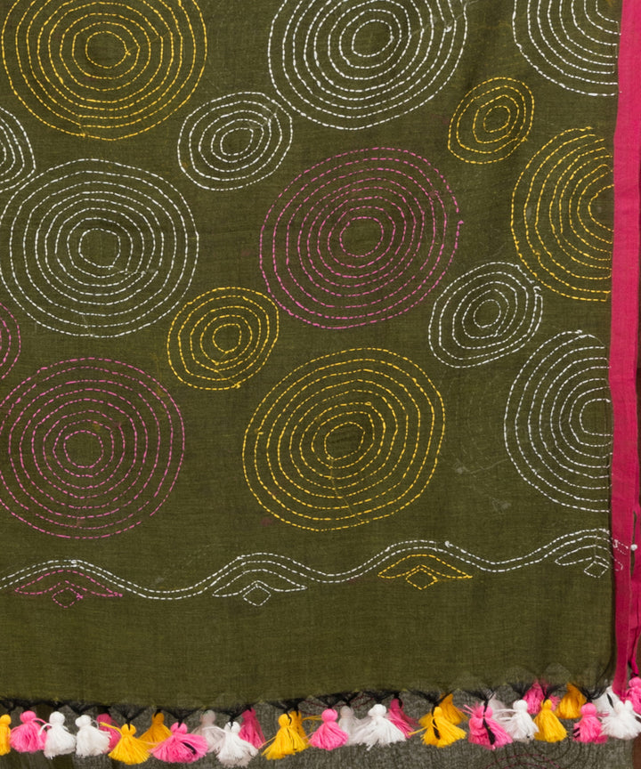 Olive green handwoven cotton embroidery bengal saree