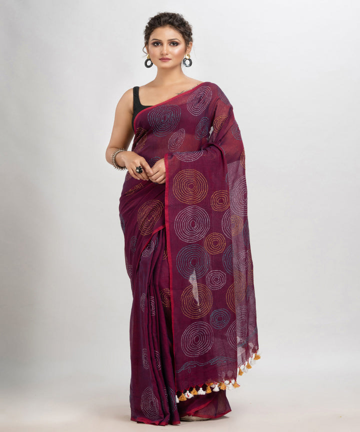 Maroon handwoven cotton embroidery bengal saree