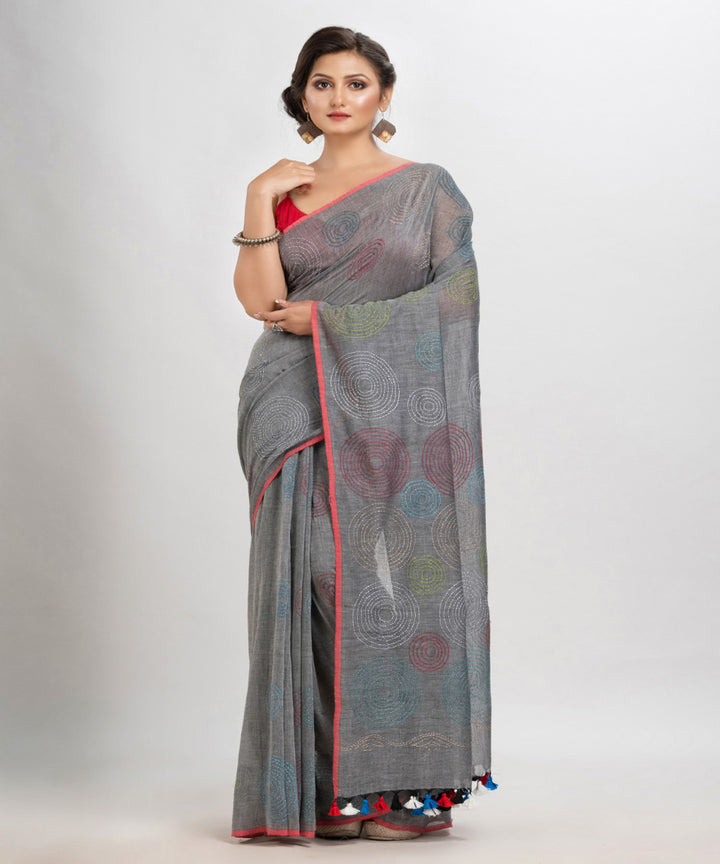 Grey handwoven cotton embroidery bengal saree