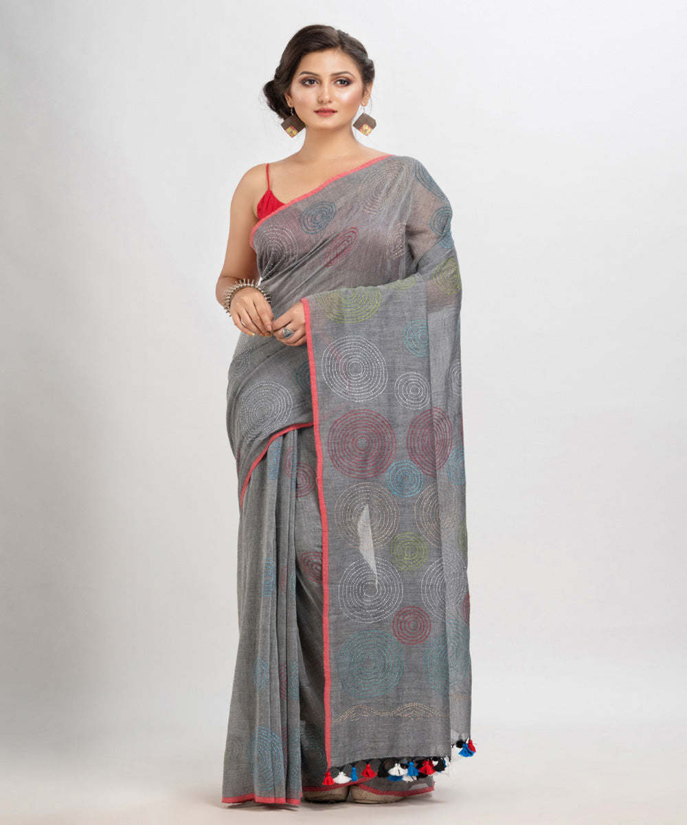 Grey handwoven cotton embroidery bengal saree