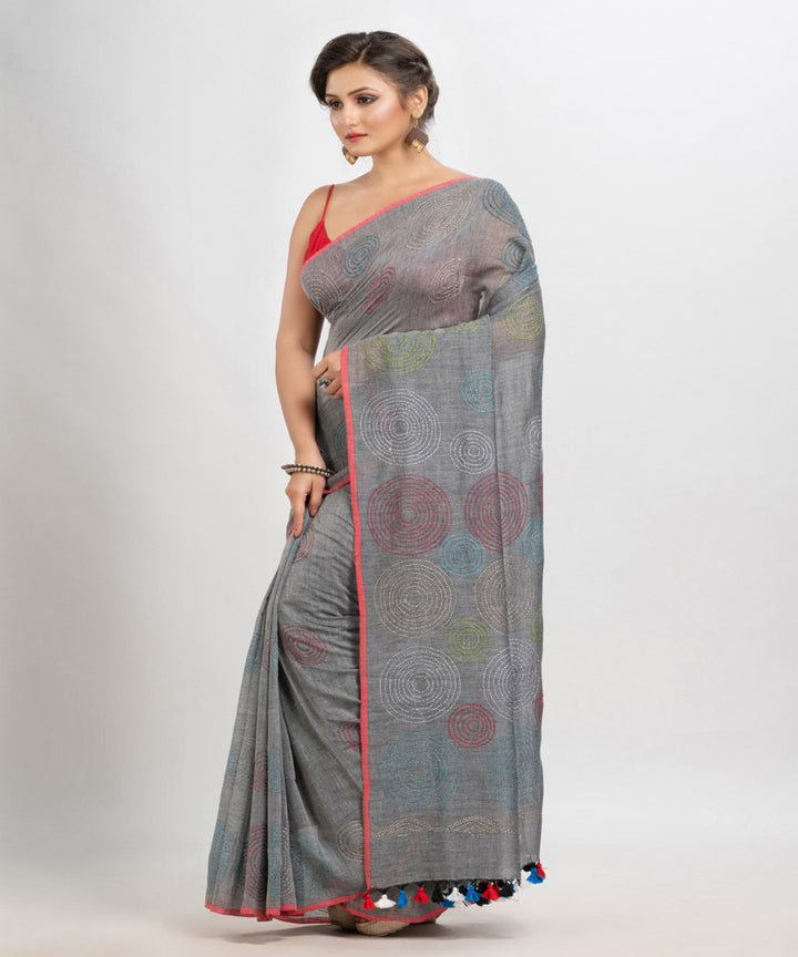 Grey handwoven cotton embroidery bengal saree