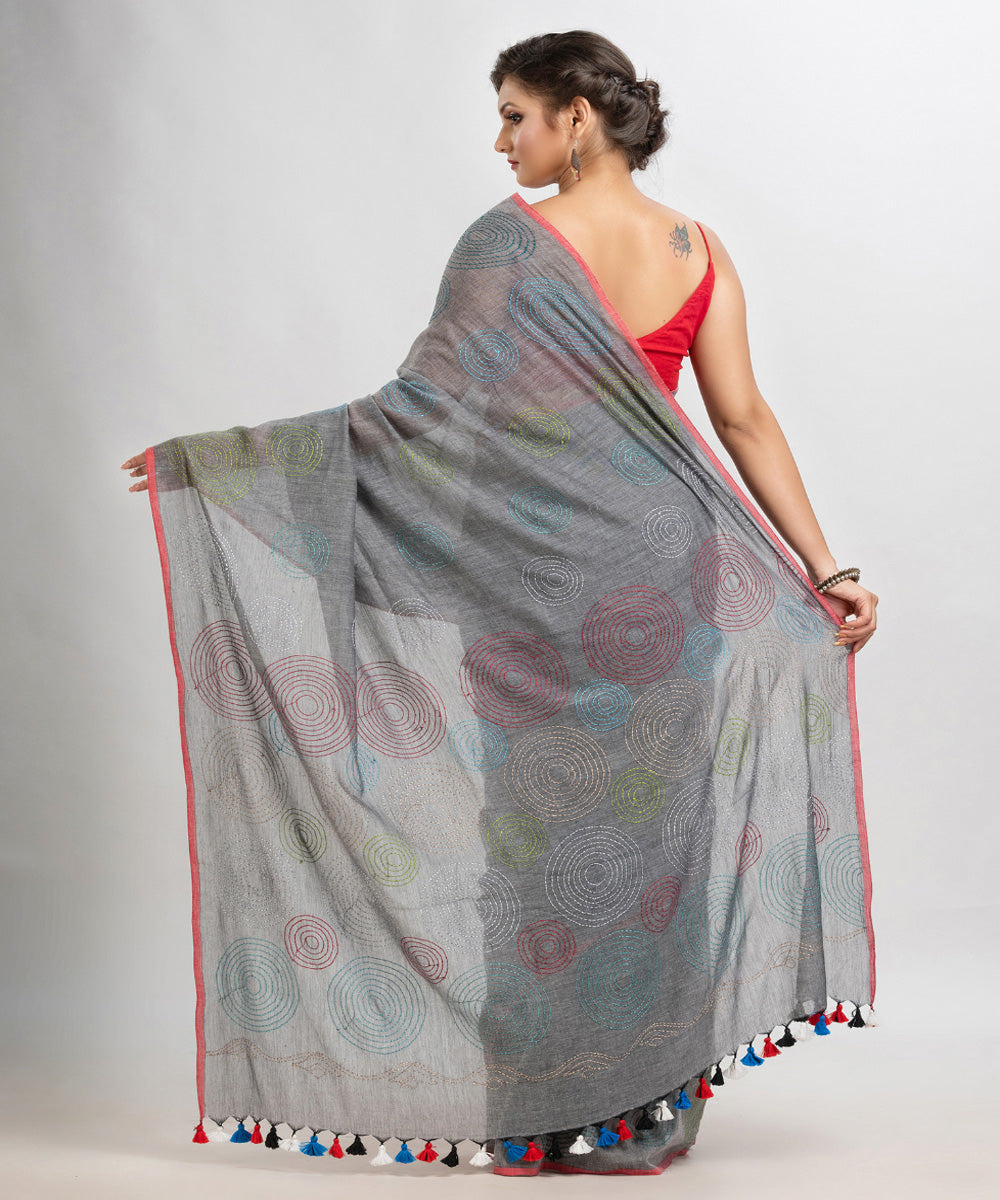 Grey handwoven cotton embroidery bengal saree