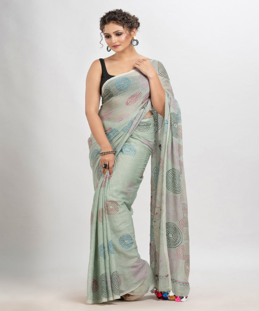 Grey tinge handwoven cotton embroidery bengal saree