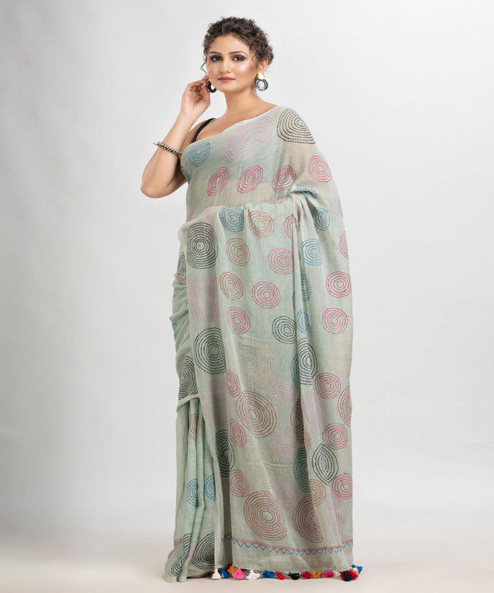Grey tinge handwoven cotton embroidery bengal saree