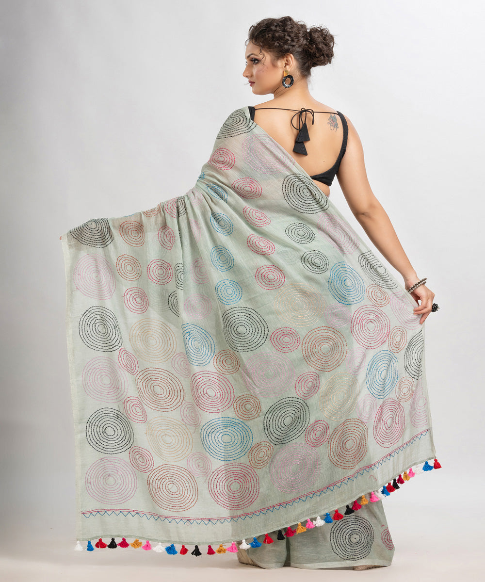 Grey tinge handwoven cotton embroidery bengal saree