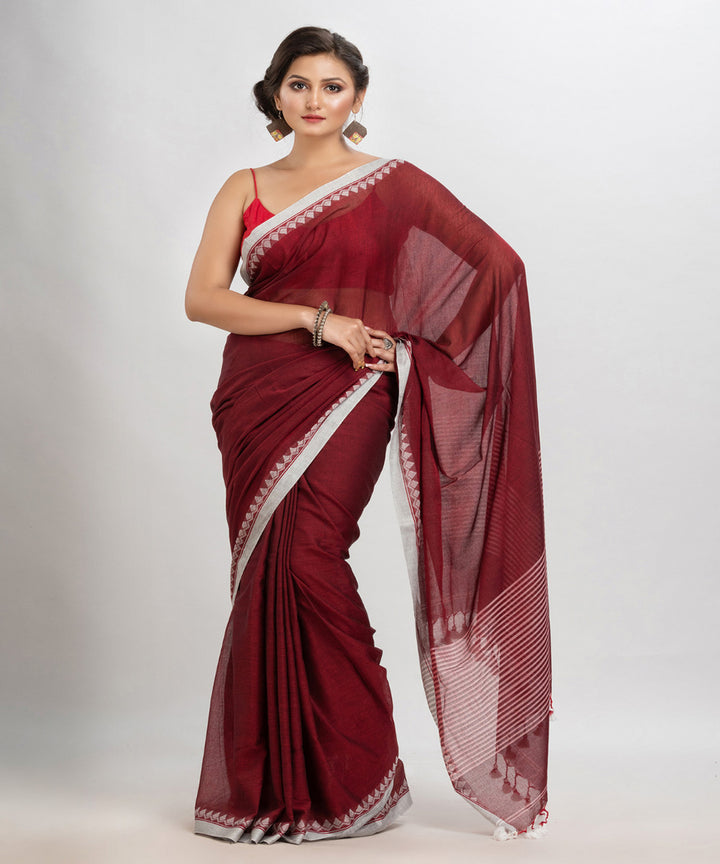 Maroon handloom cotton with jacquard border and pallu stripe saree