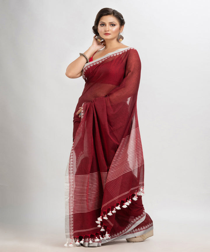 Maroon handloom cotton with jacquard border and pallu stripe saree