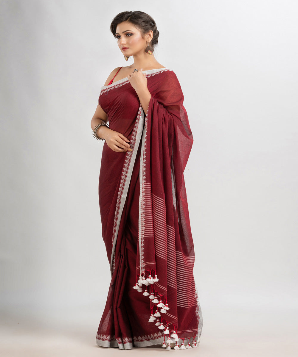 Maroon handloom cotton with jacquard border and pallu stripe saree