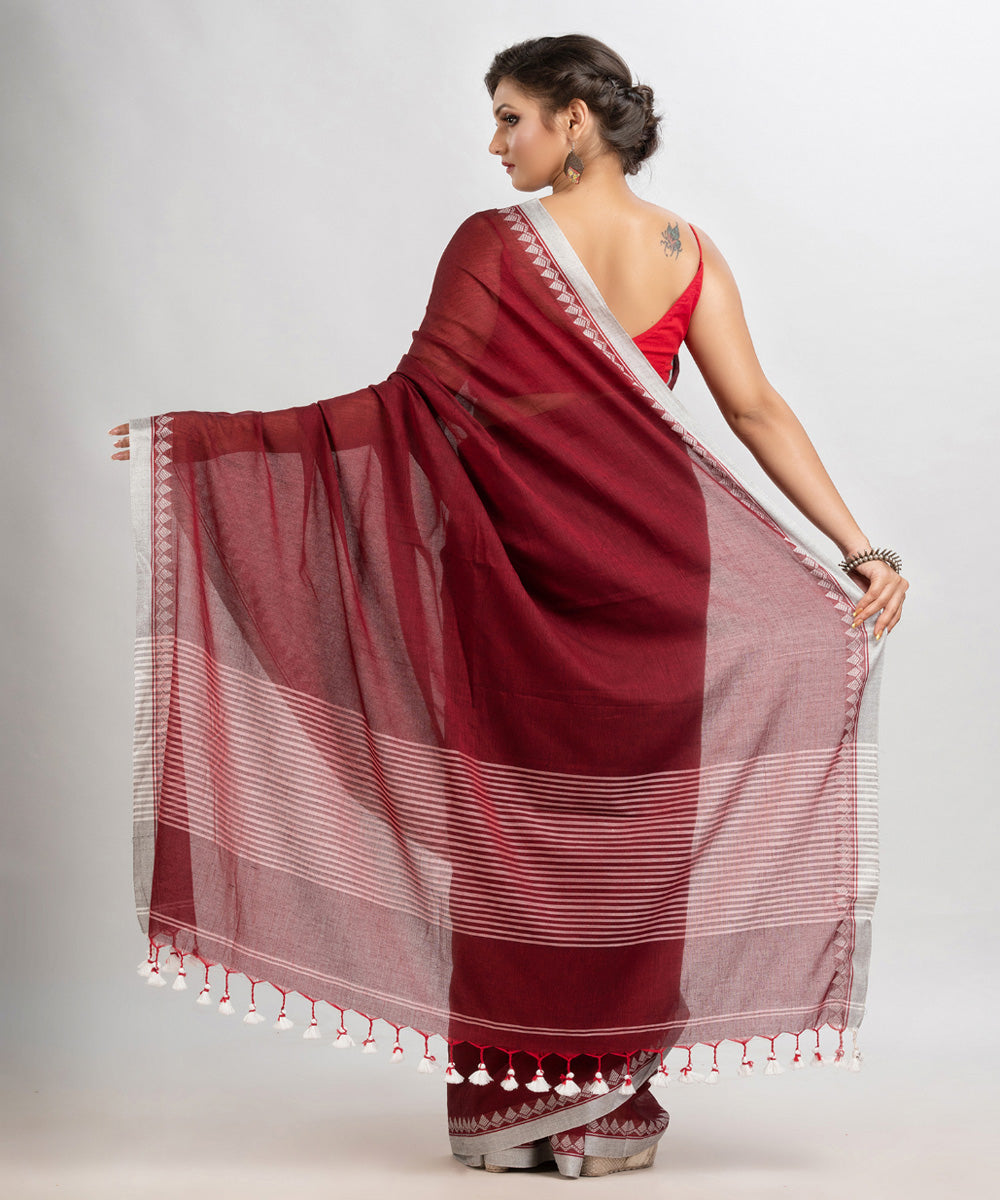 Maroon handloom cotton with jacquard border and pallu stripe saree