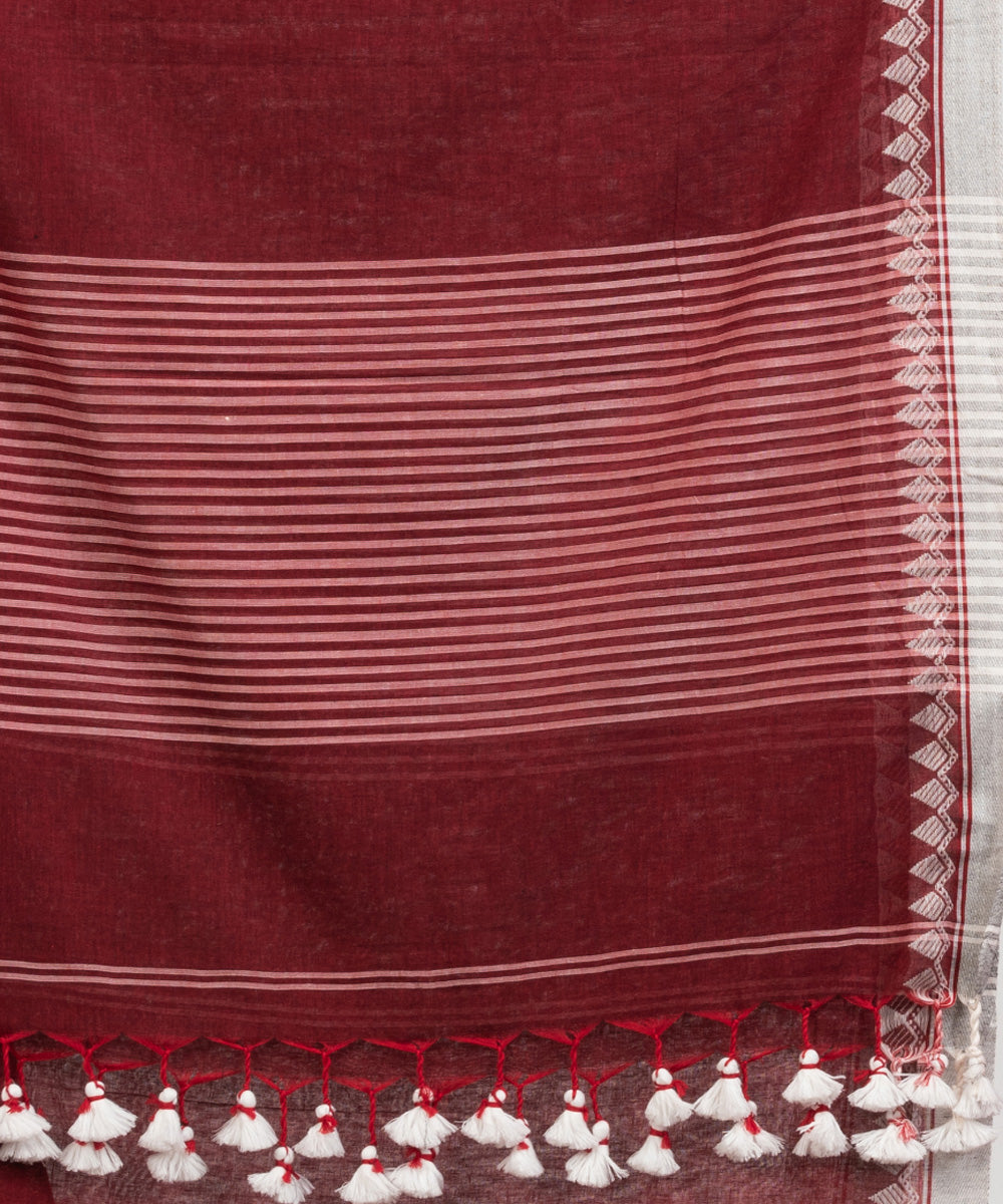 Maroon handloom cotton with jacquard border and pallu stripe saree