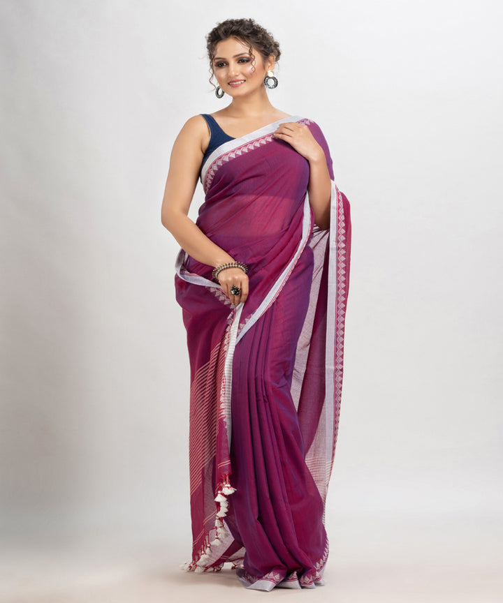 Magenta handloom cotton with jacquard border and pallu stripe saree