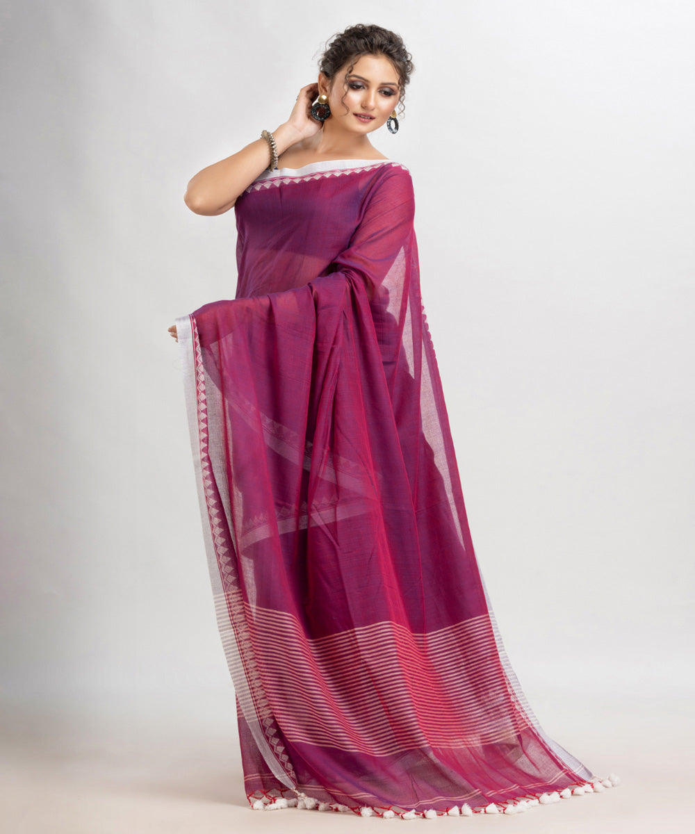 Magenta handloom cotton with jacquard border and pallu stripe saree