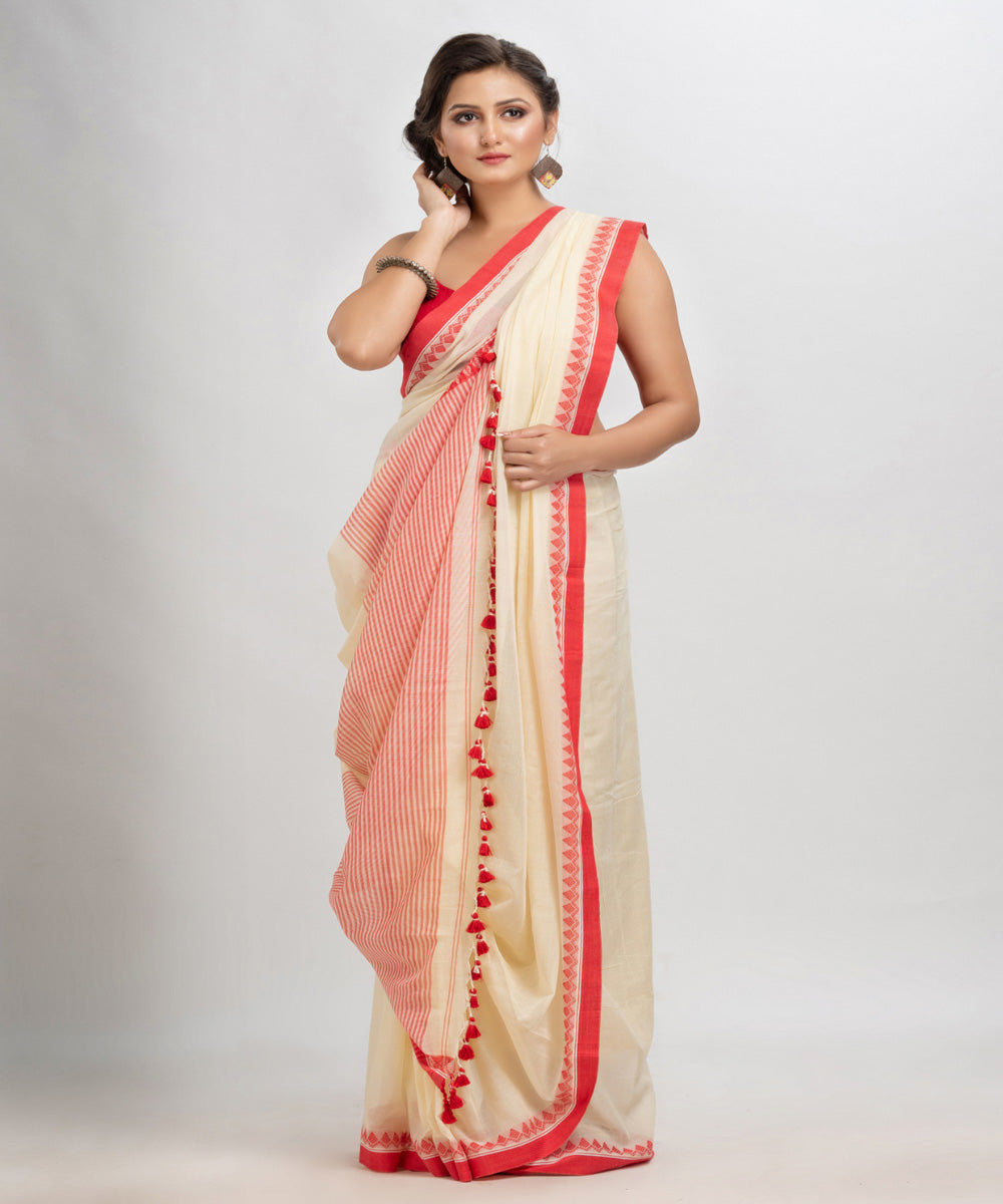Peach red handloom cotton with jacquard border and pallu stripe saree