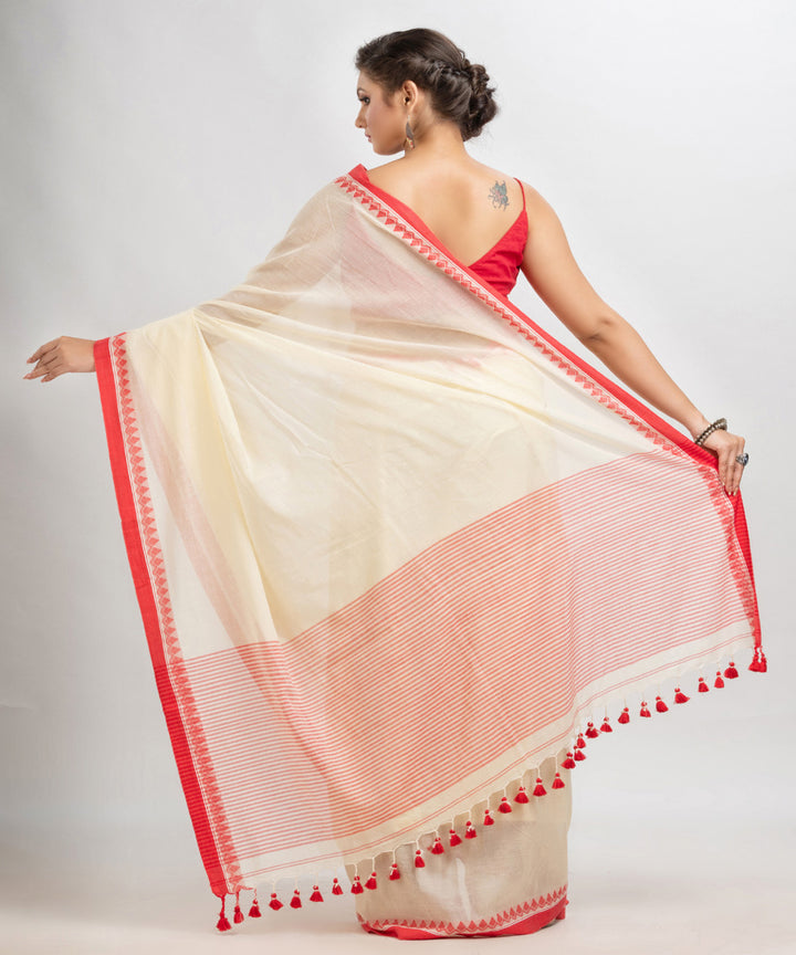 Peach red handloom cotton with jacquard border and pallu stripe saree