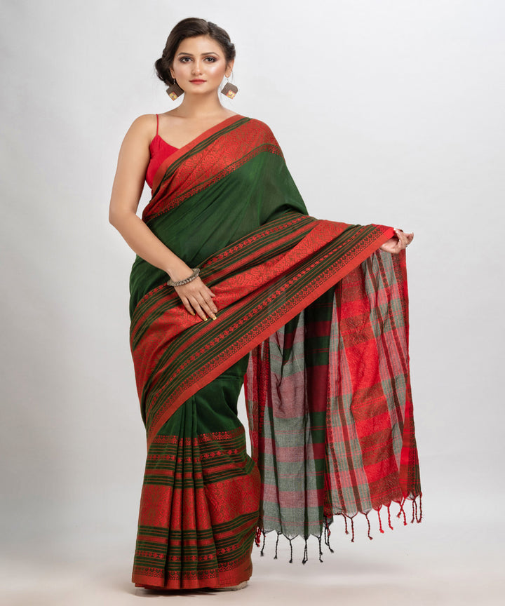 Bottole green red handloom cotton begampuri saree