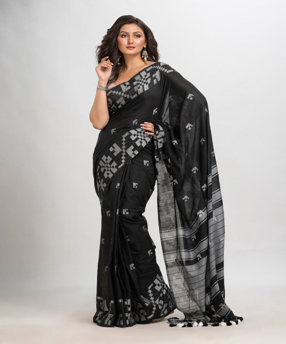 Black handloom stripes jacquard cotton saree