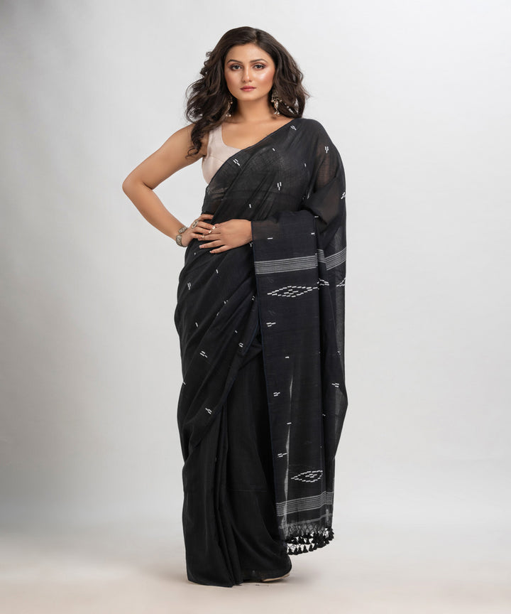 Black white handloom mulmul cotton bengal saree