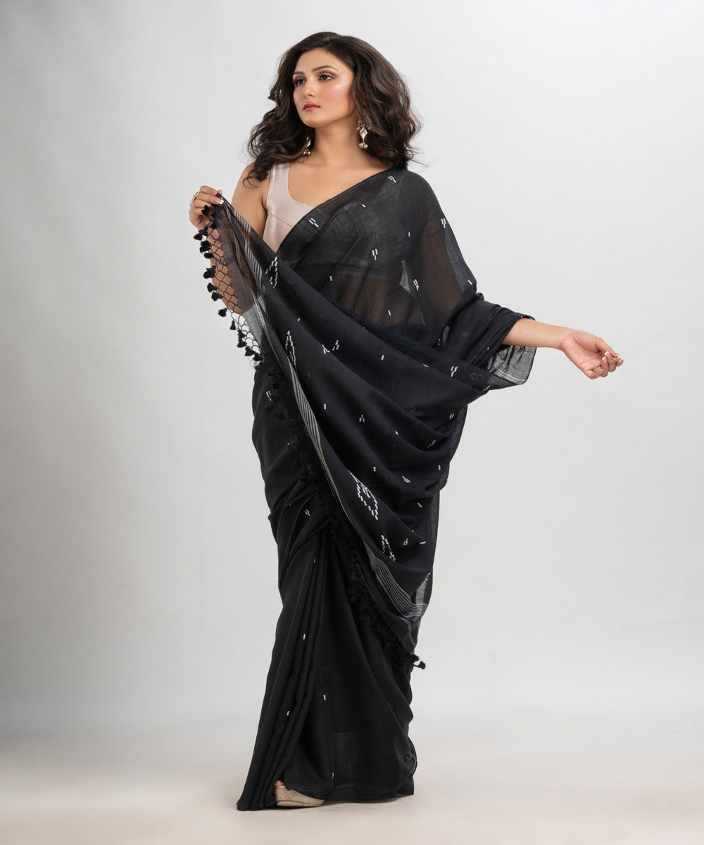 Black white handloom mulmul cotton bengal saree