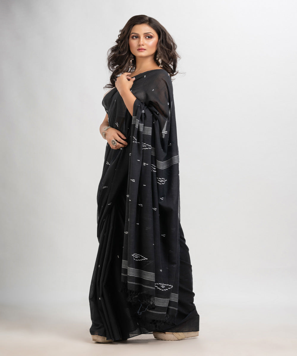 Black white handloom mulmul cotton bengal saree